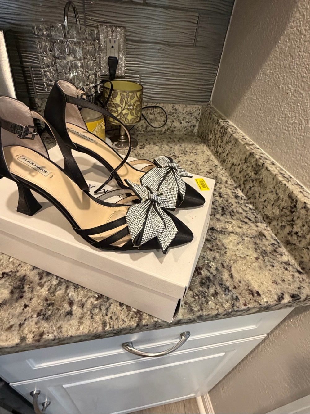 Alex Marie Black Pointed Toe Heels with Sparkling Bow Accent